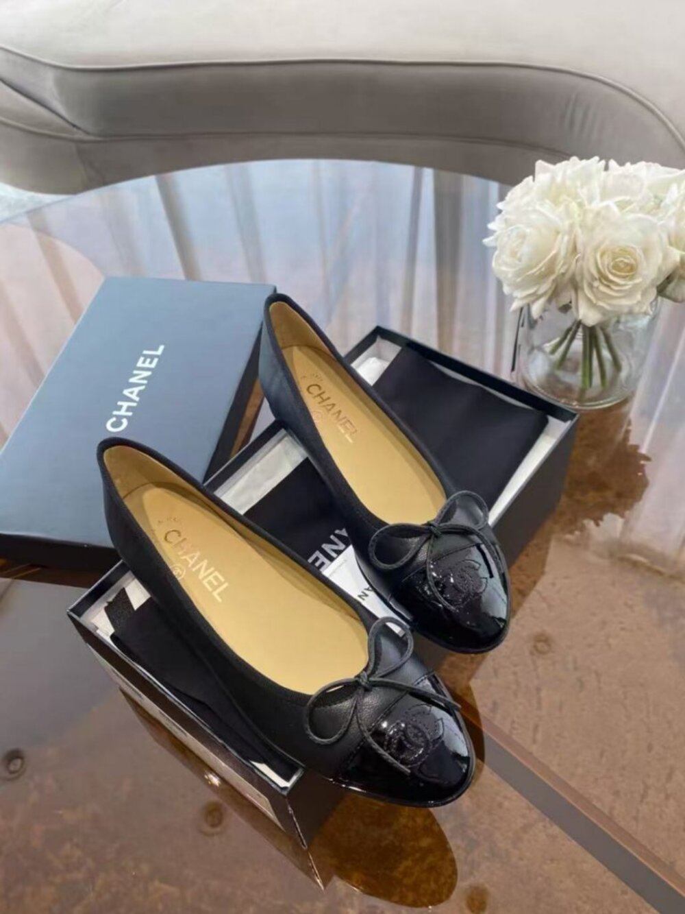 CHANEL Black Patent Cap‑Toe Bow Slip‑On Ballet Flats